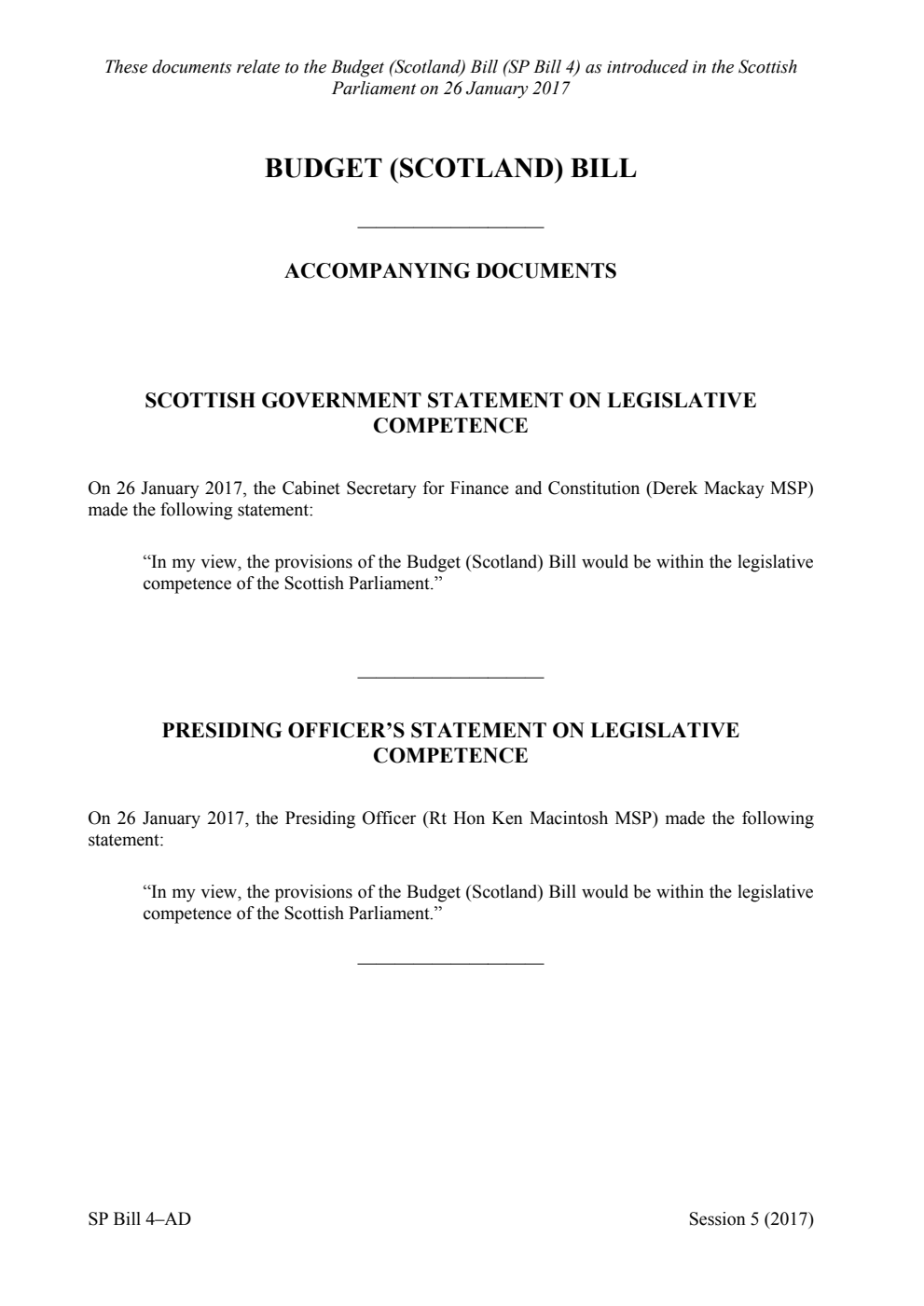 Budget (Scotland) Bill Accompanying Documents