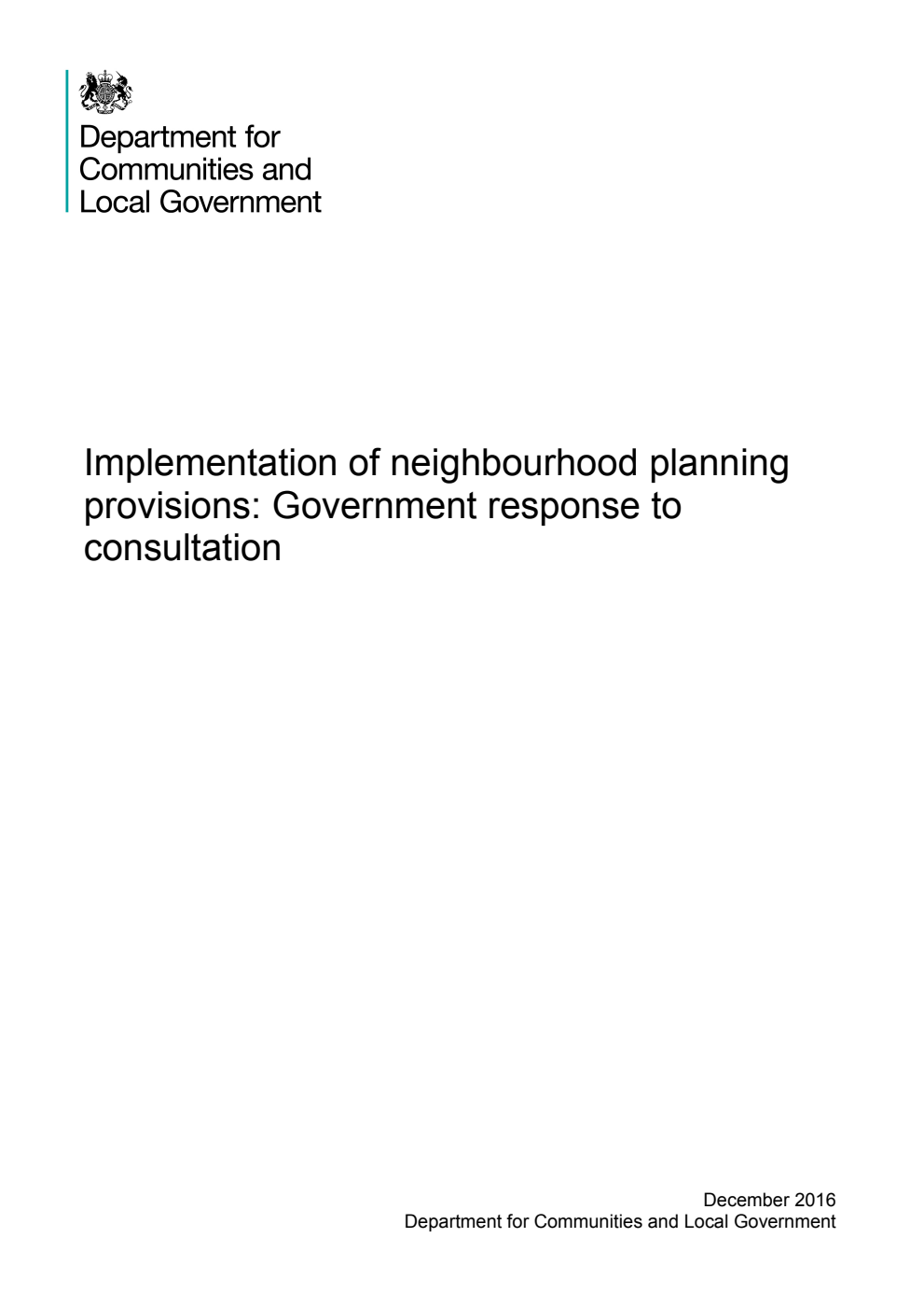 Implementation of neighbourhood planning provisions: Government response to consultation