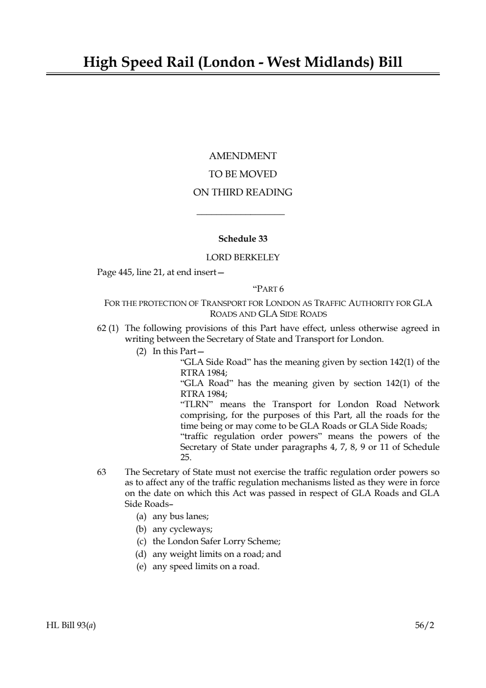 High Speed Rail (London - West Midlands) Bill Lords Amendments