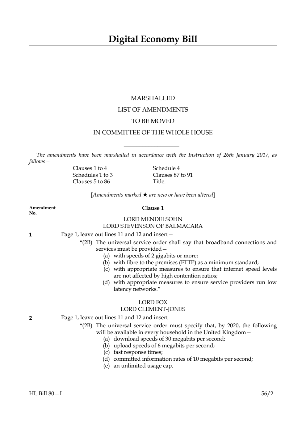 Digital Economy Bill Lords Amendments 1st Marshalled List