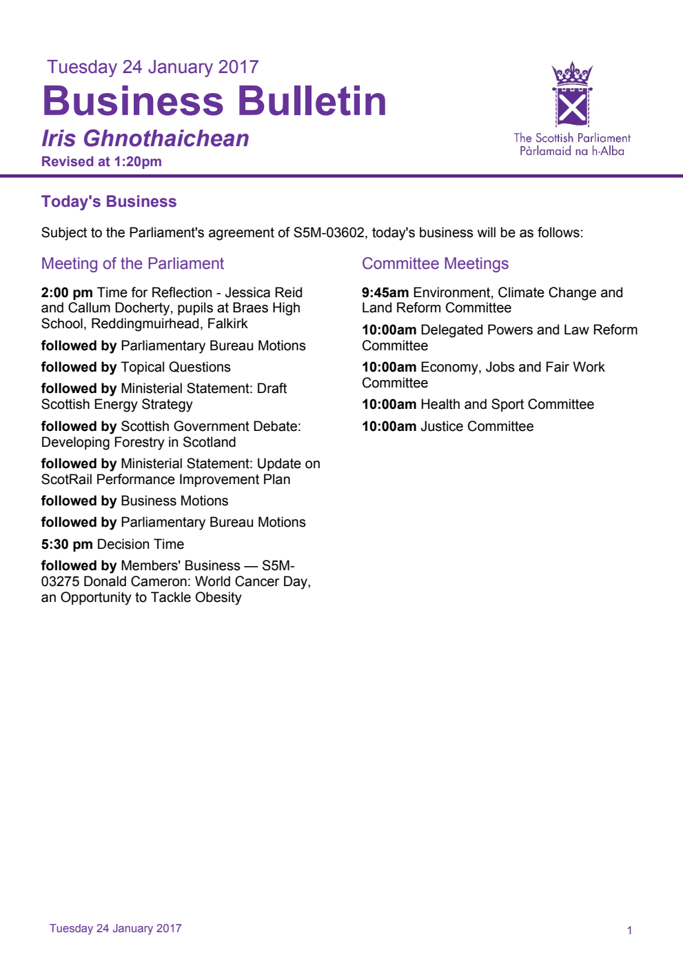 Business Bulletin, Tuesday 24th January 2017, Revised