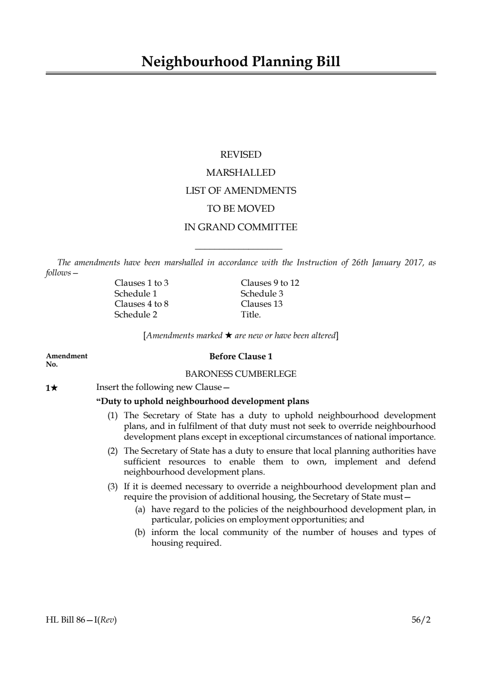 Neighbourhood Planning Bill Lords Amendments Revised 1st Marshalled List