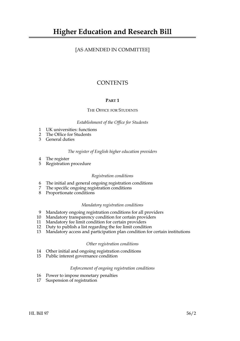 Higher Education and Research Bill [as amended in Committee]