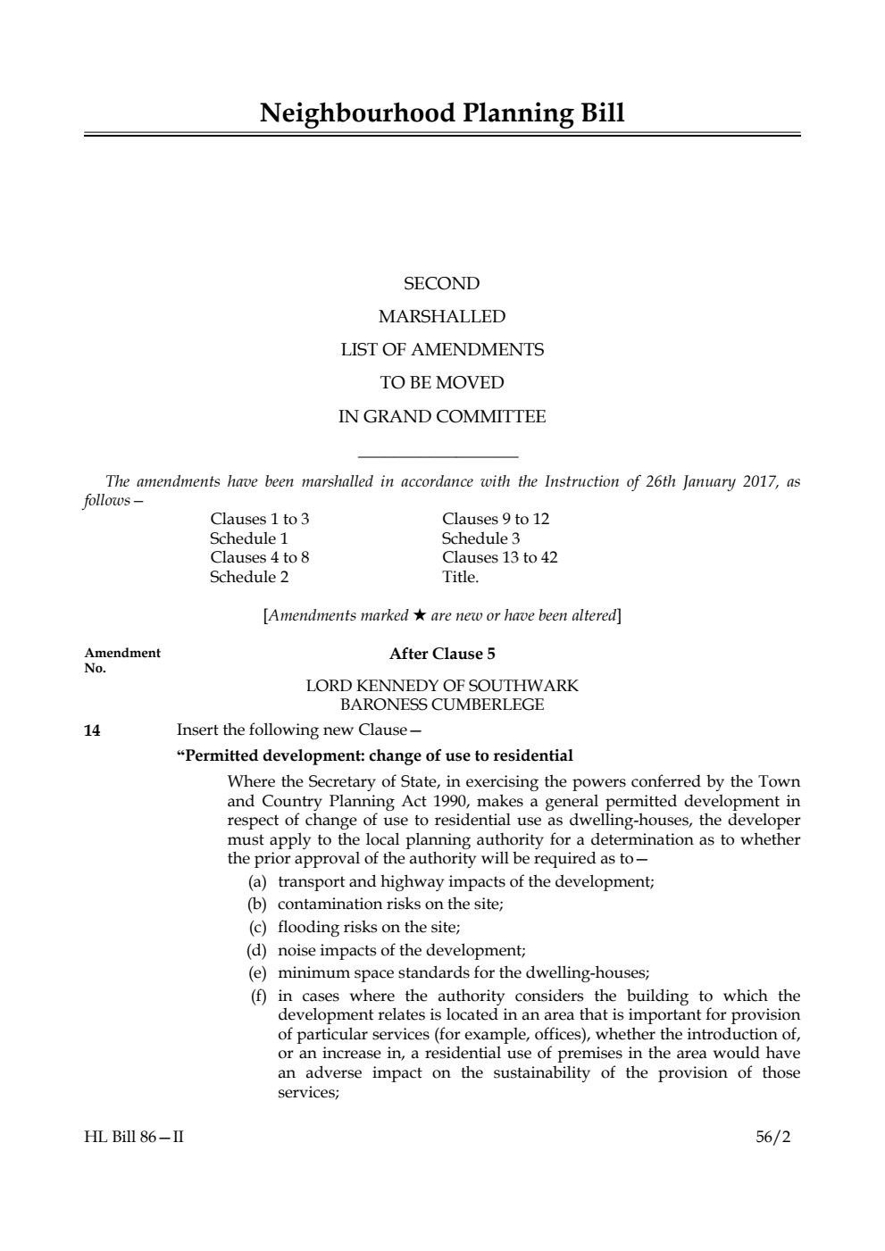 Neighbourhood Planning Bill Lords Amendments 2nd Marshalled List
