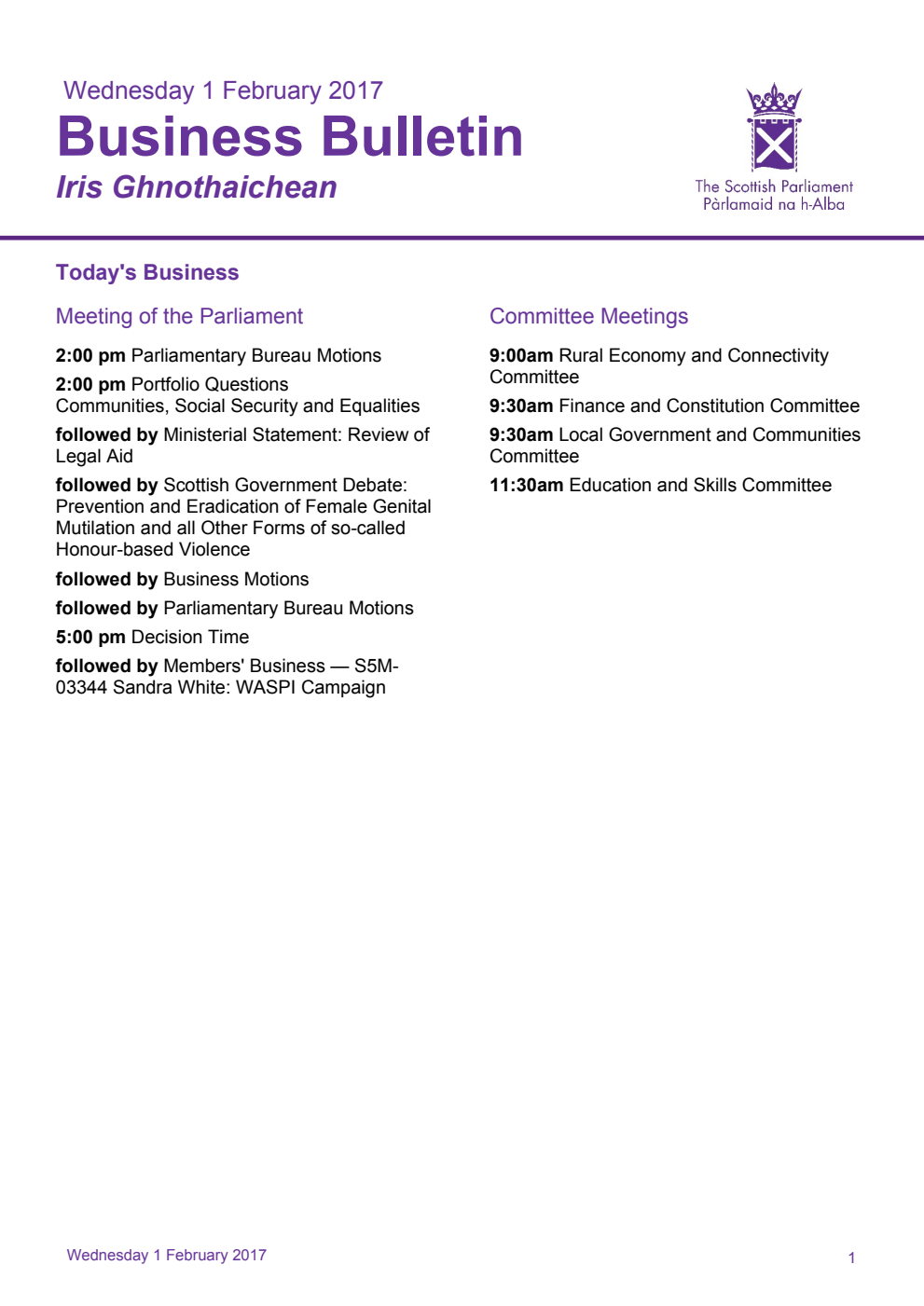 Business Bulletin, Wednesday 1st February 2017