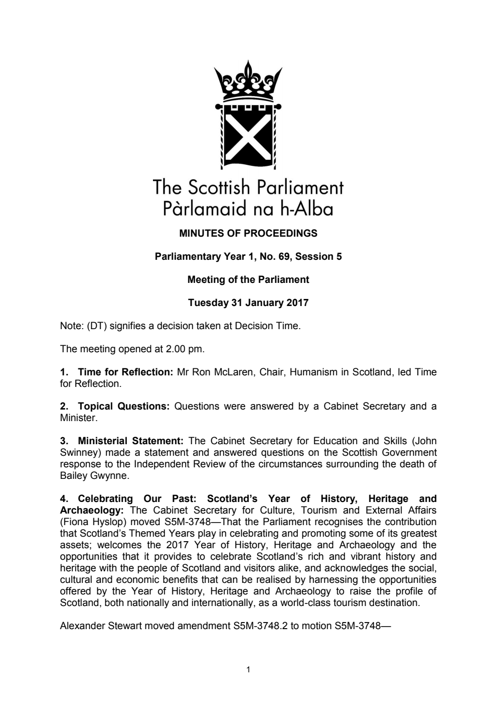 Minutes of Proceedings 31 January 2017 Vol. 1, No. 69 Session 5