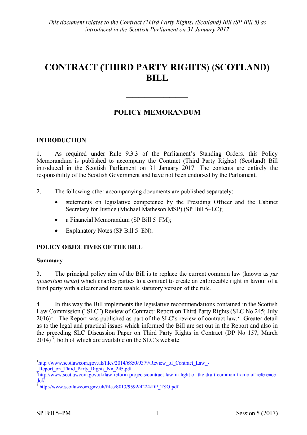 Contract (Third Party Rights) (Scotland) Bill Policy Memorandum