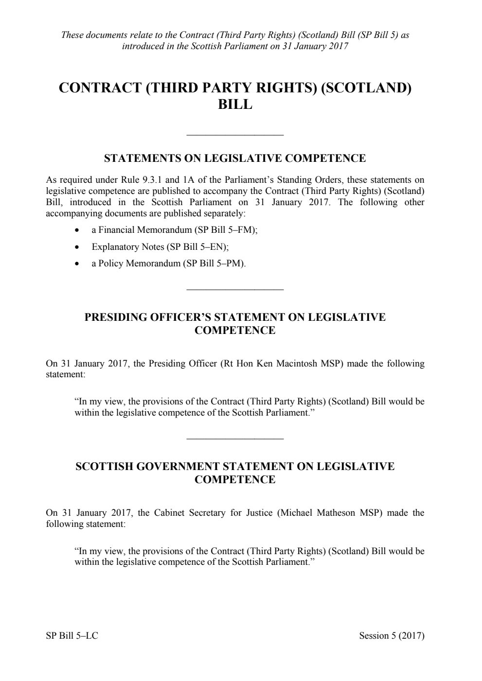 Contract (Third Party Rights) (Scotland) Bill Statements on Legislative Competence