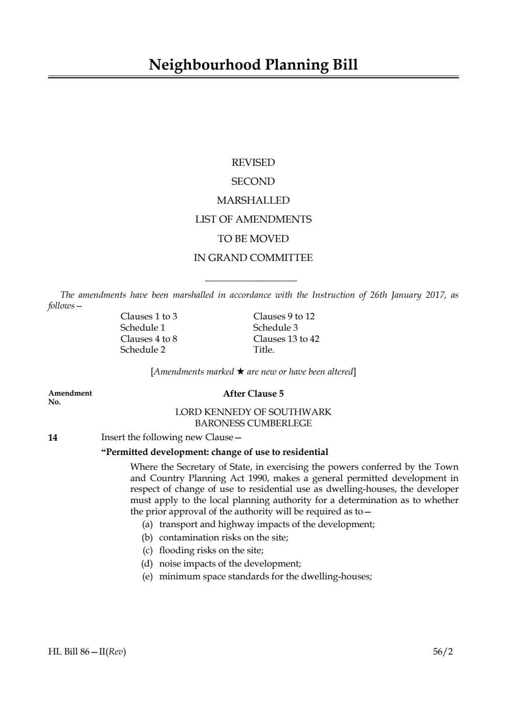 Neighbourhood Planning Bill Lords Amendments Revised 2nd Marshalled List