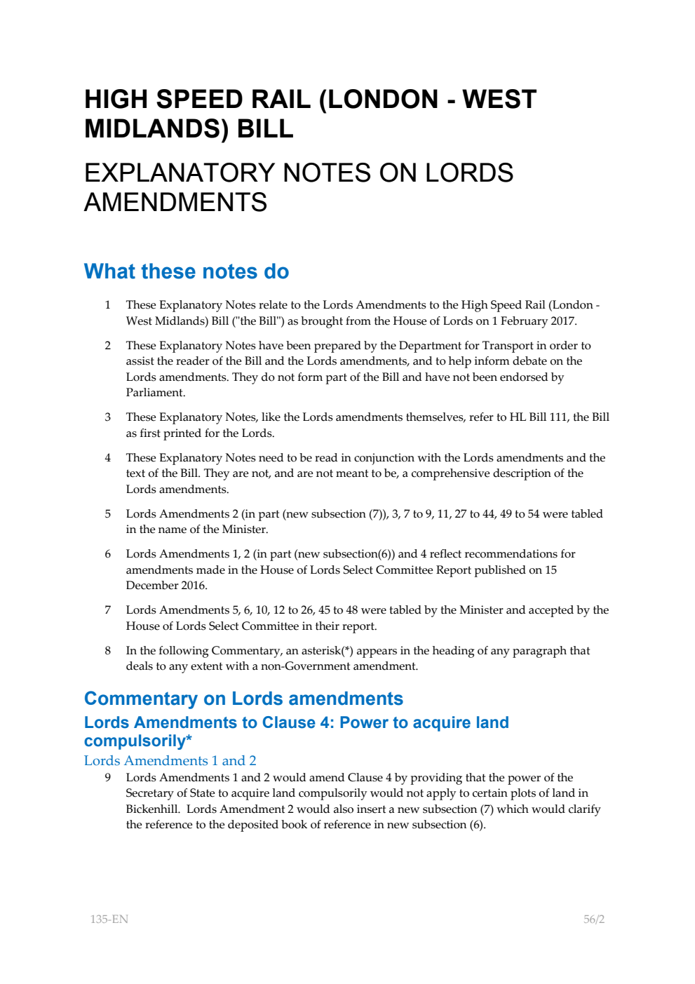 High Speed Rail (London - West Midlands) Bill Explanatory Notes on Lords Amendments