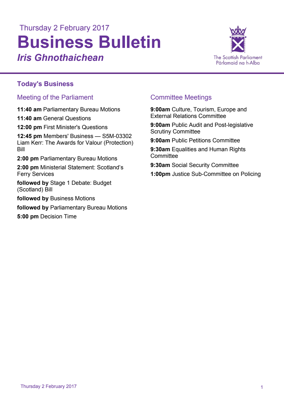 Business Bulletin, Thursday 2nd February 2017