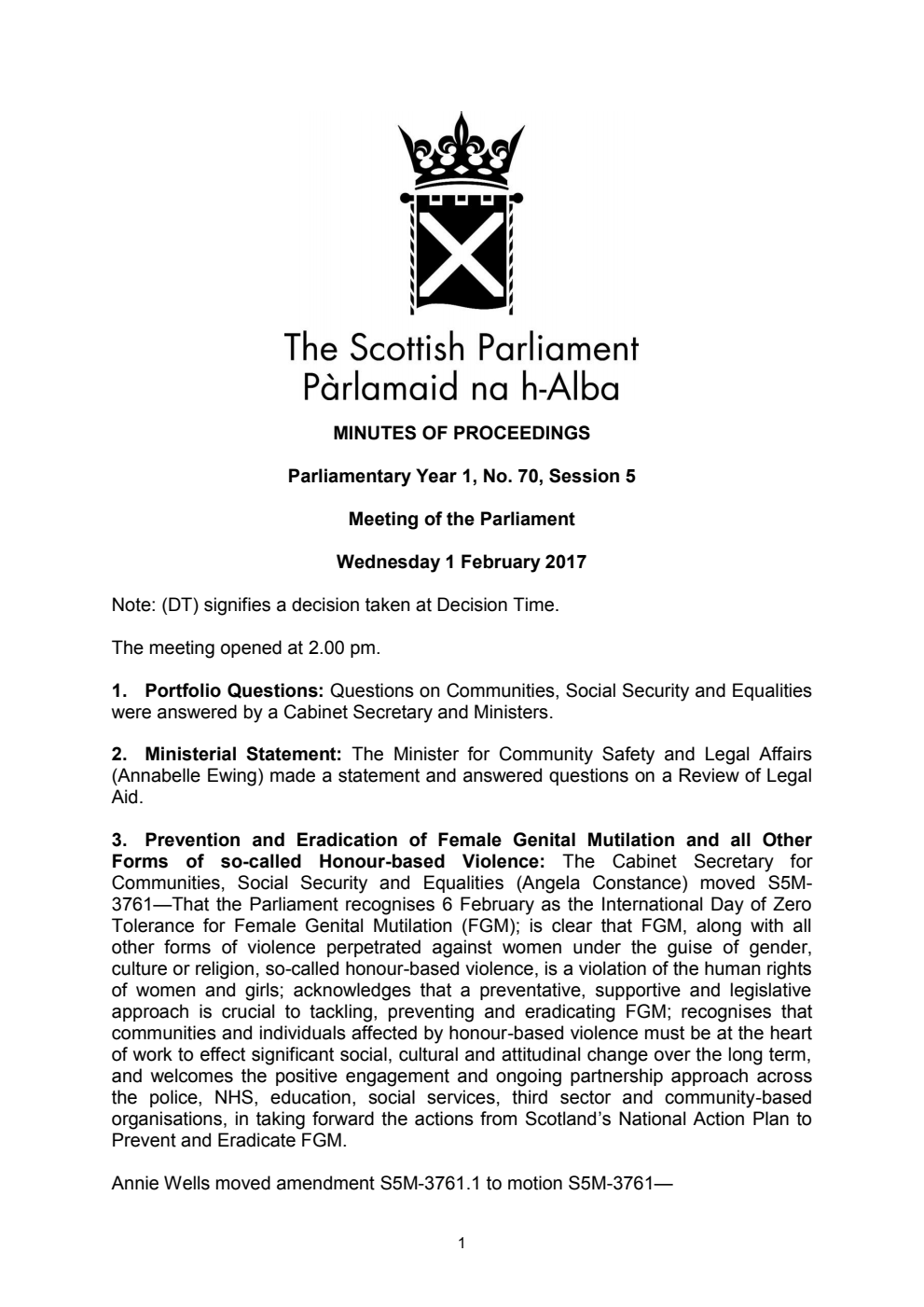 Minutes of Proceedings 1 February 2017 Vol. 1, No. 70 Session 5