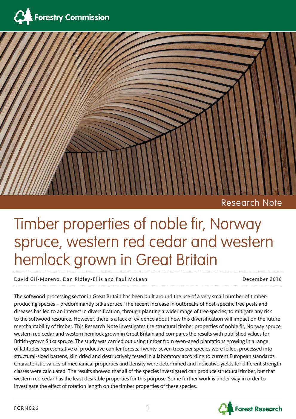 Forestry Commission Research Note 026 Timber properties of noble fir, Norway spruce, western red cedar and western hemlock grown in Great Britain