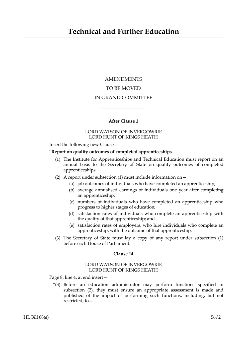 Technical and Further Education Bill Lords Amendments