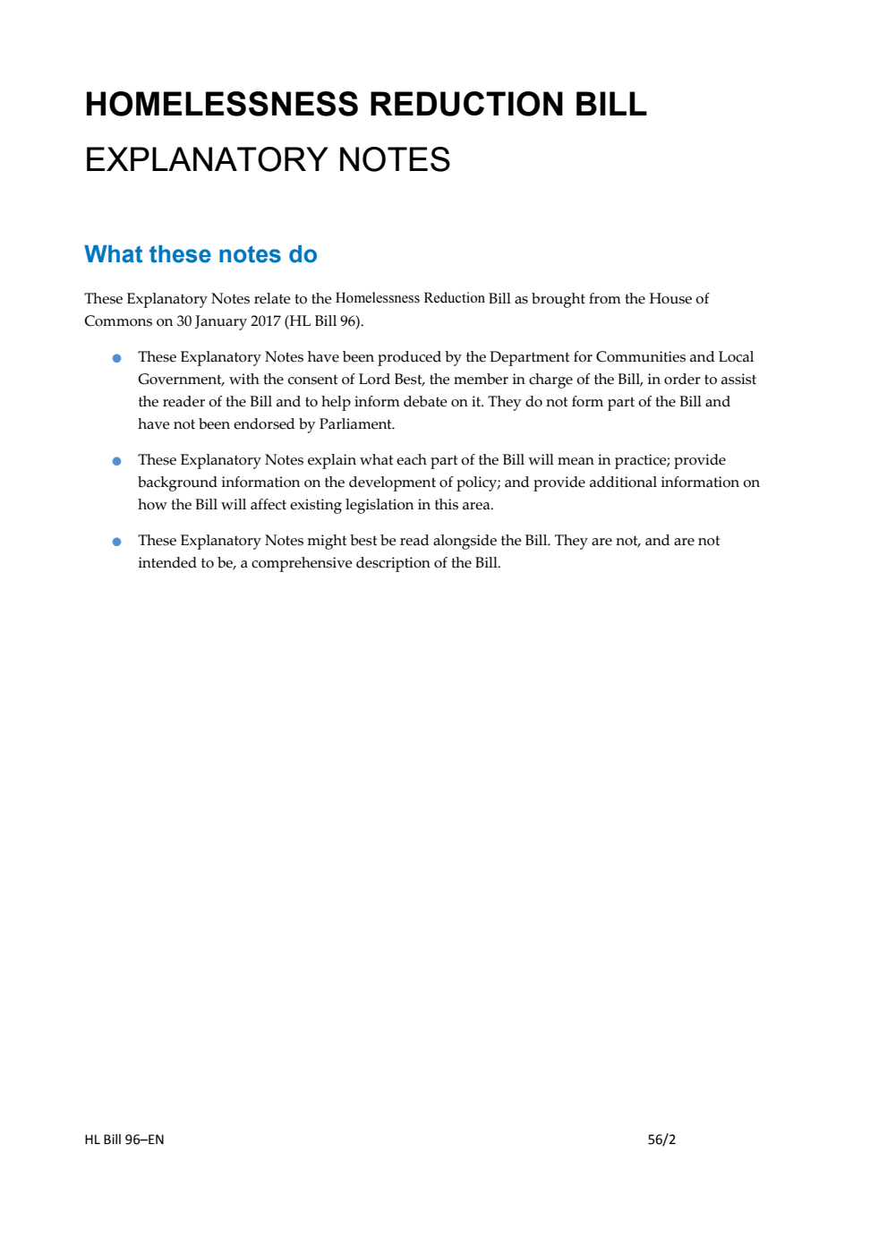 Homelessness Reduction Bill Explanatory Notes