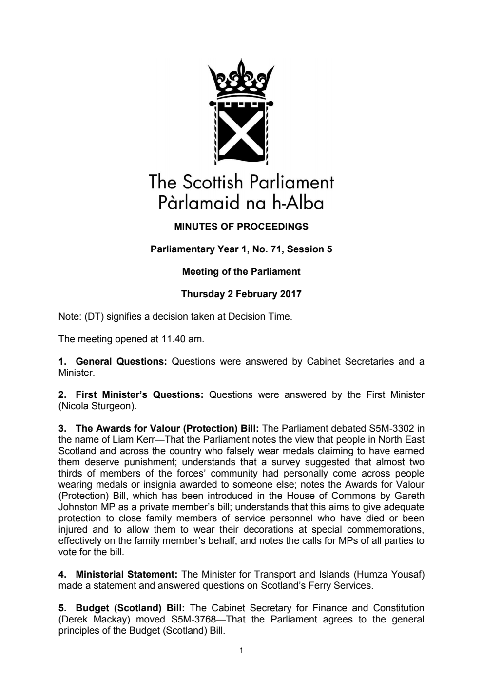 Minutes of Proceedings 2 February 2017 Vol. 1, No. 71 Session 5