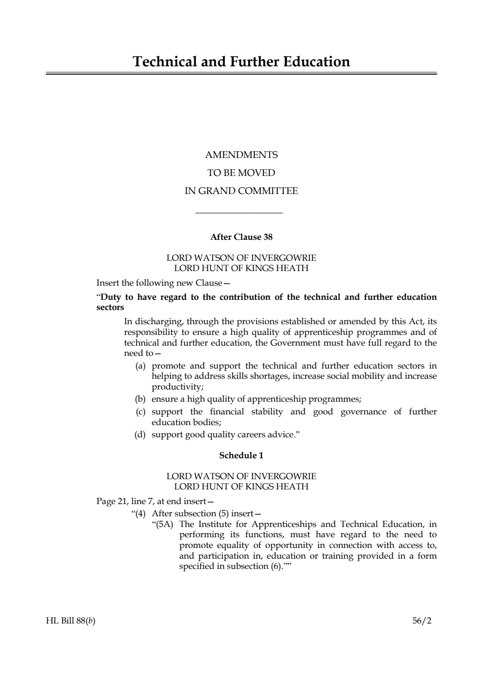 Technical and Further Education Bill Lords Amendments