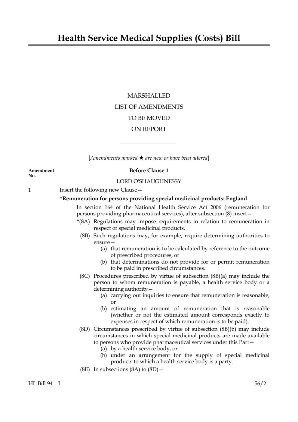 Health Service Medical Supplies (Costs) Bill Lords Amendments 1st Marshalled List