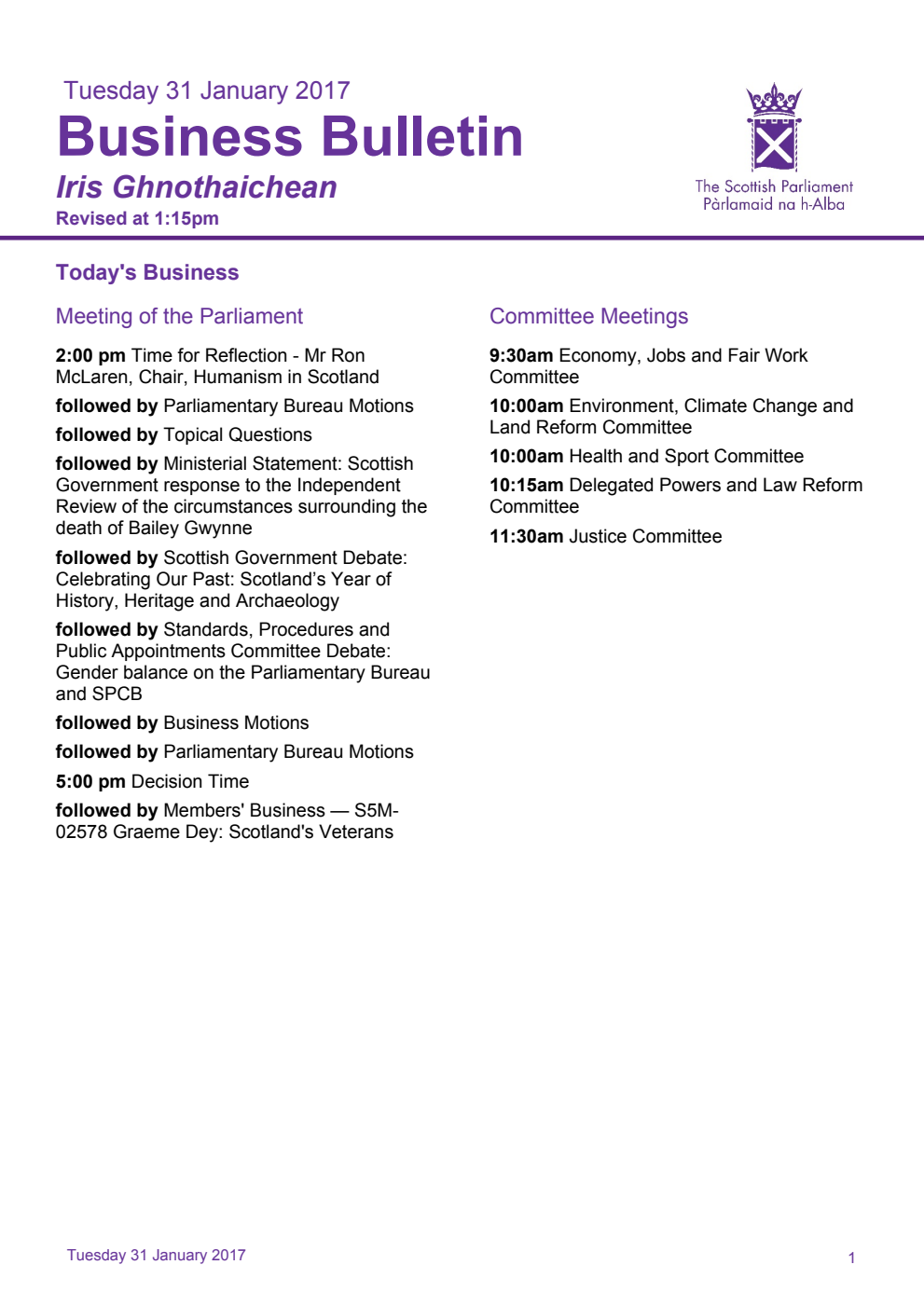 Business Bulletin, Tuesday 31st January 2017, Revised