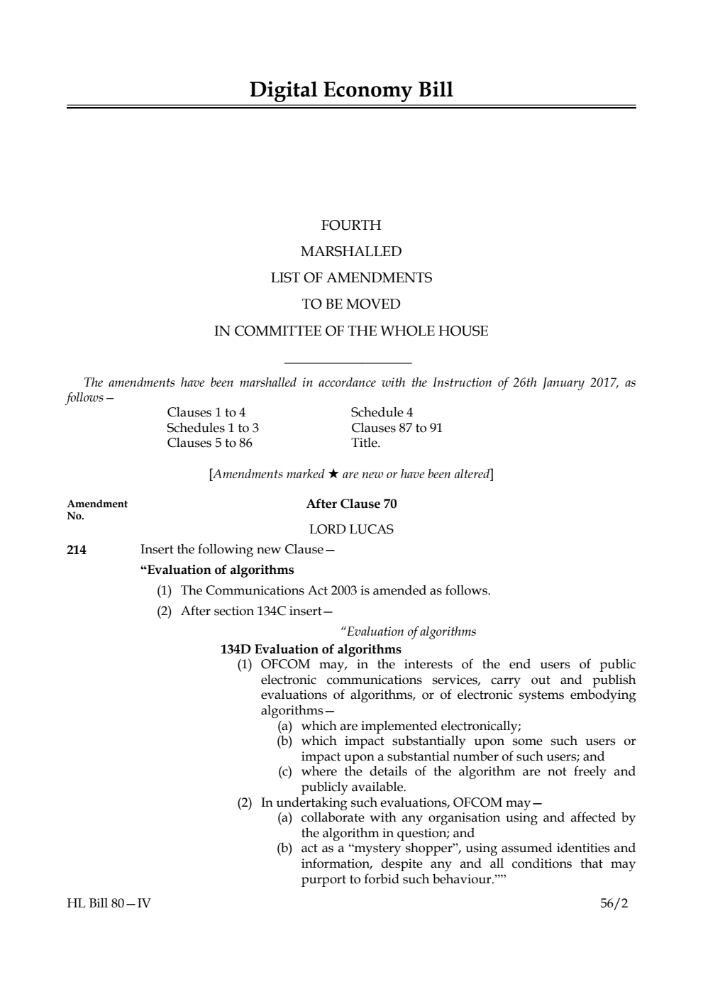 Digital Economy Bill Lords Amendments 4th Marshalled List