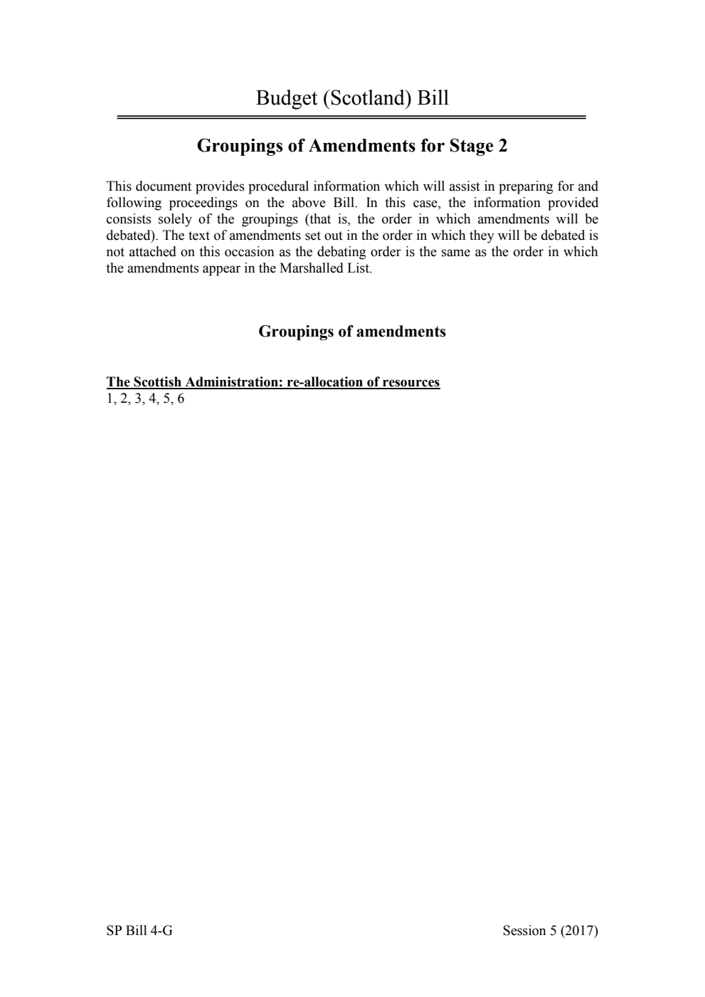 Budget (Scotland) Bill Groupings of Amendments for Stage 2