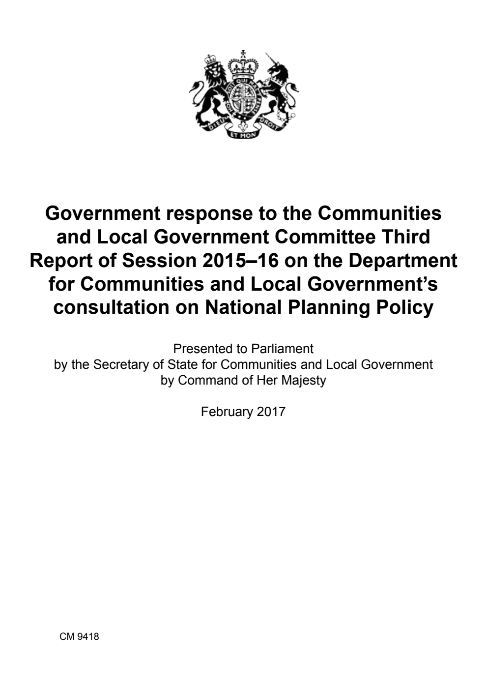 Government response to the Communities and Local Government Committee Third Report of Session 2015–16 on the Department for Communities and Local Government’s consultation on National Planning Policy
