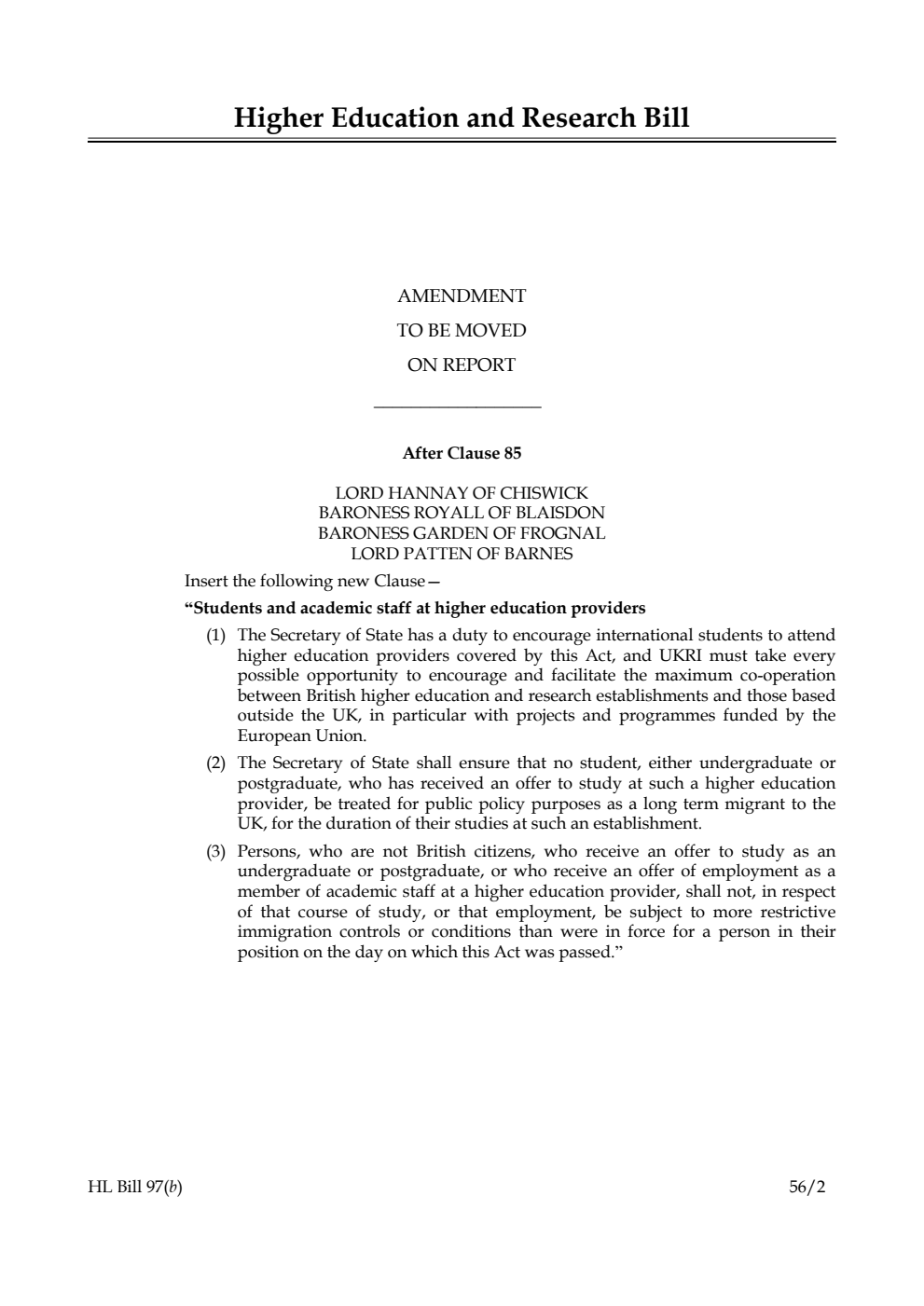 Higher Education and Research Bill Lords Amendments
