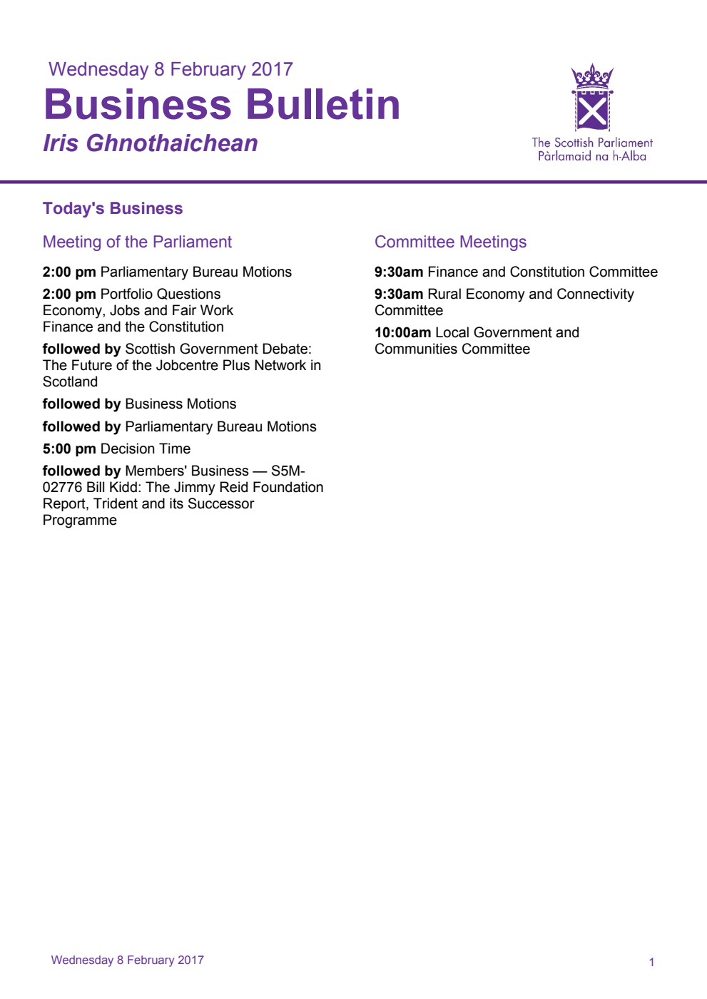 Business Bulletin, Wednesday 8th February 2017