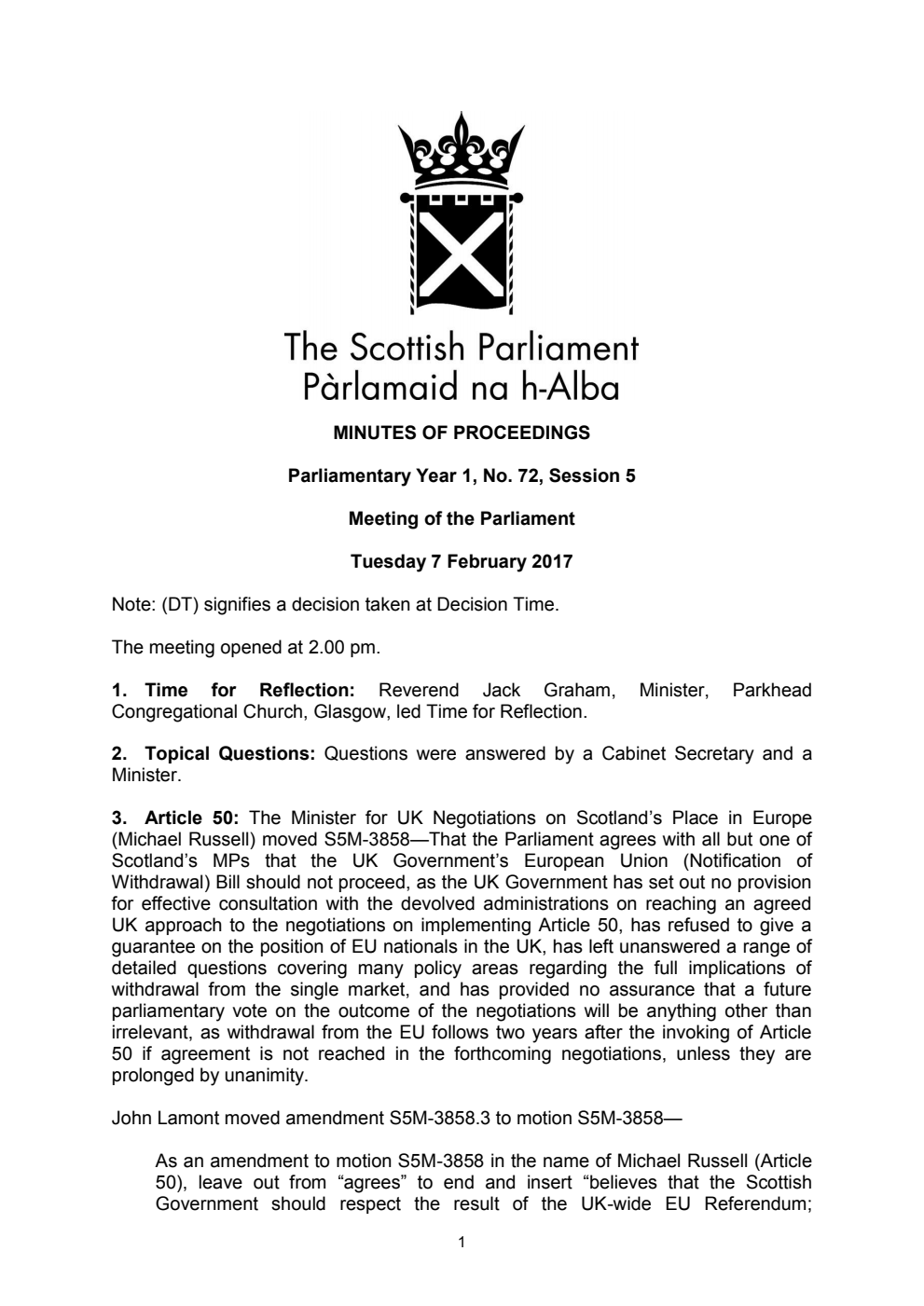 Minutes of Proceedings 7 February 2017 Vol. 1, No. 72 Session 5