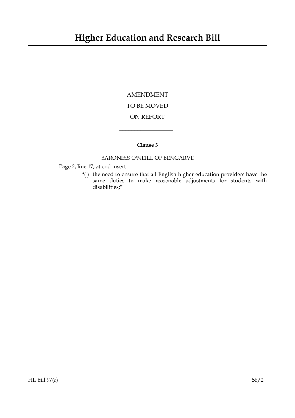 Higher Education and Research Bill Lords Amendments