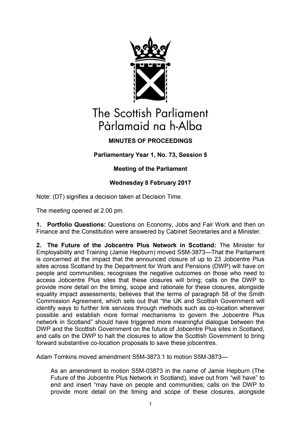 Minutes of Proceedings 8 February 2017 Vol. 1, No. 73 Session 5