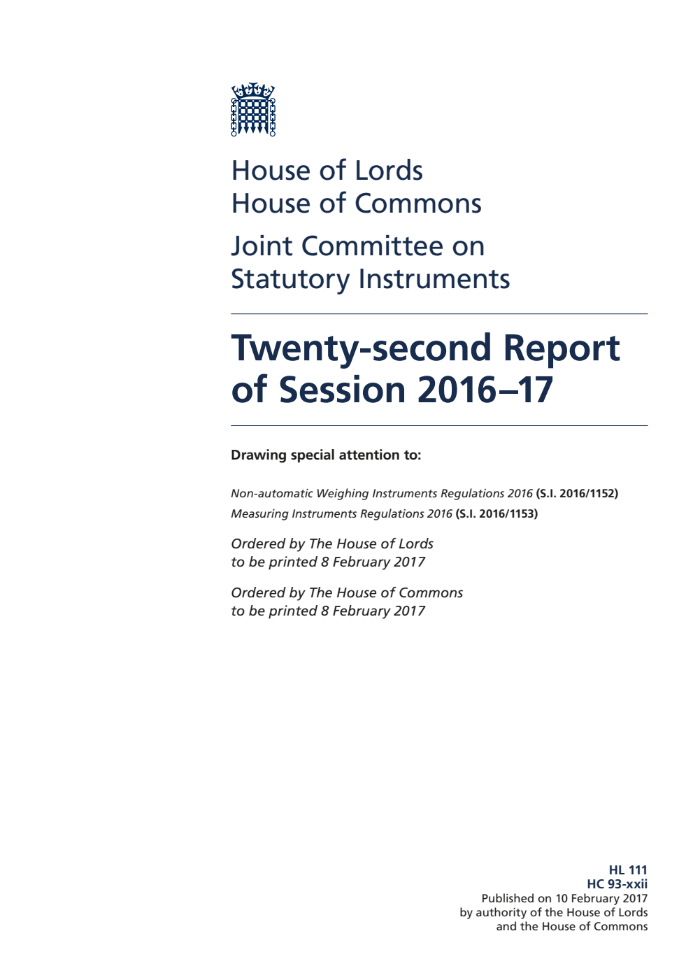 Statutory Instruments Joint Committee 22nd Report of Session 2016-17