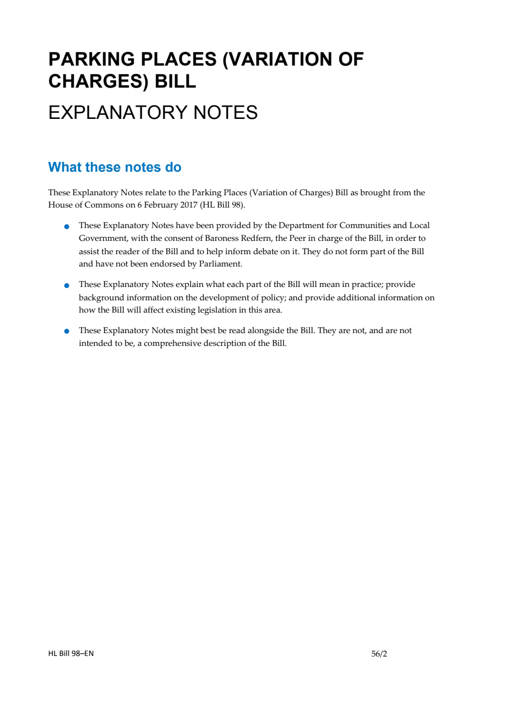 Parking Places (Variation of Charges) Bill Explanatory Notes