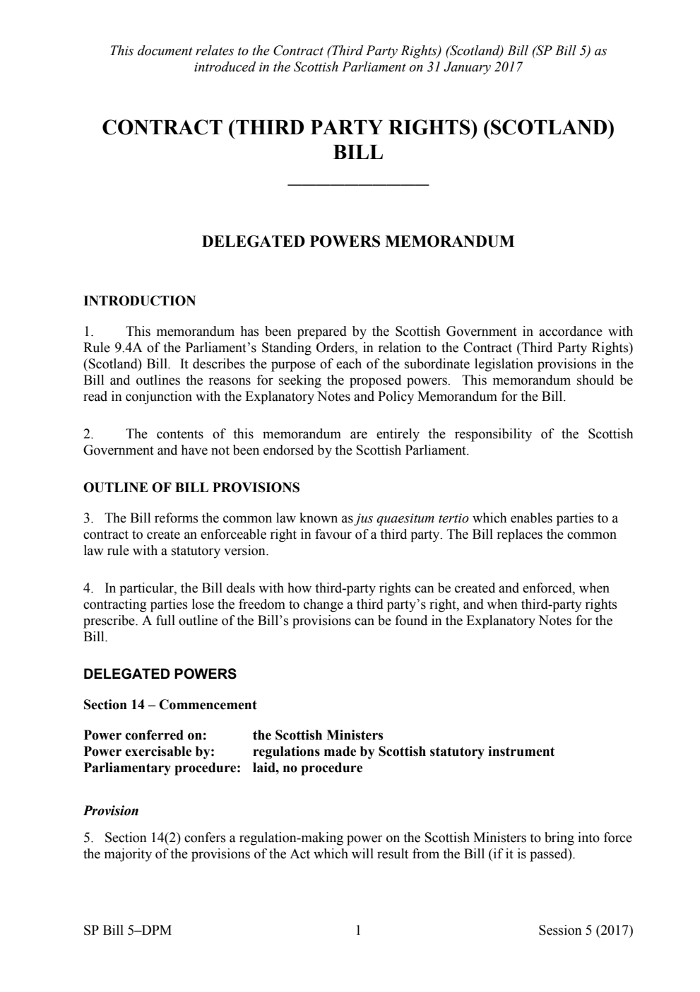 Contract (Third Party Rights) (Scotland) Bill Delegated Powers Memorandum