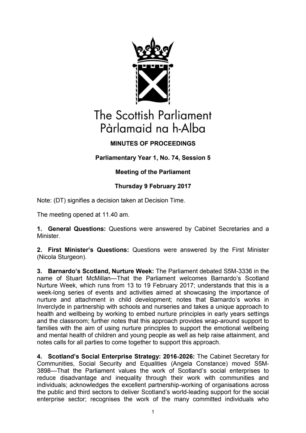 Minutes of Proceedings 9 February 2017 Vol. 1, No. 74 Session 5