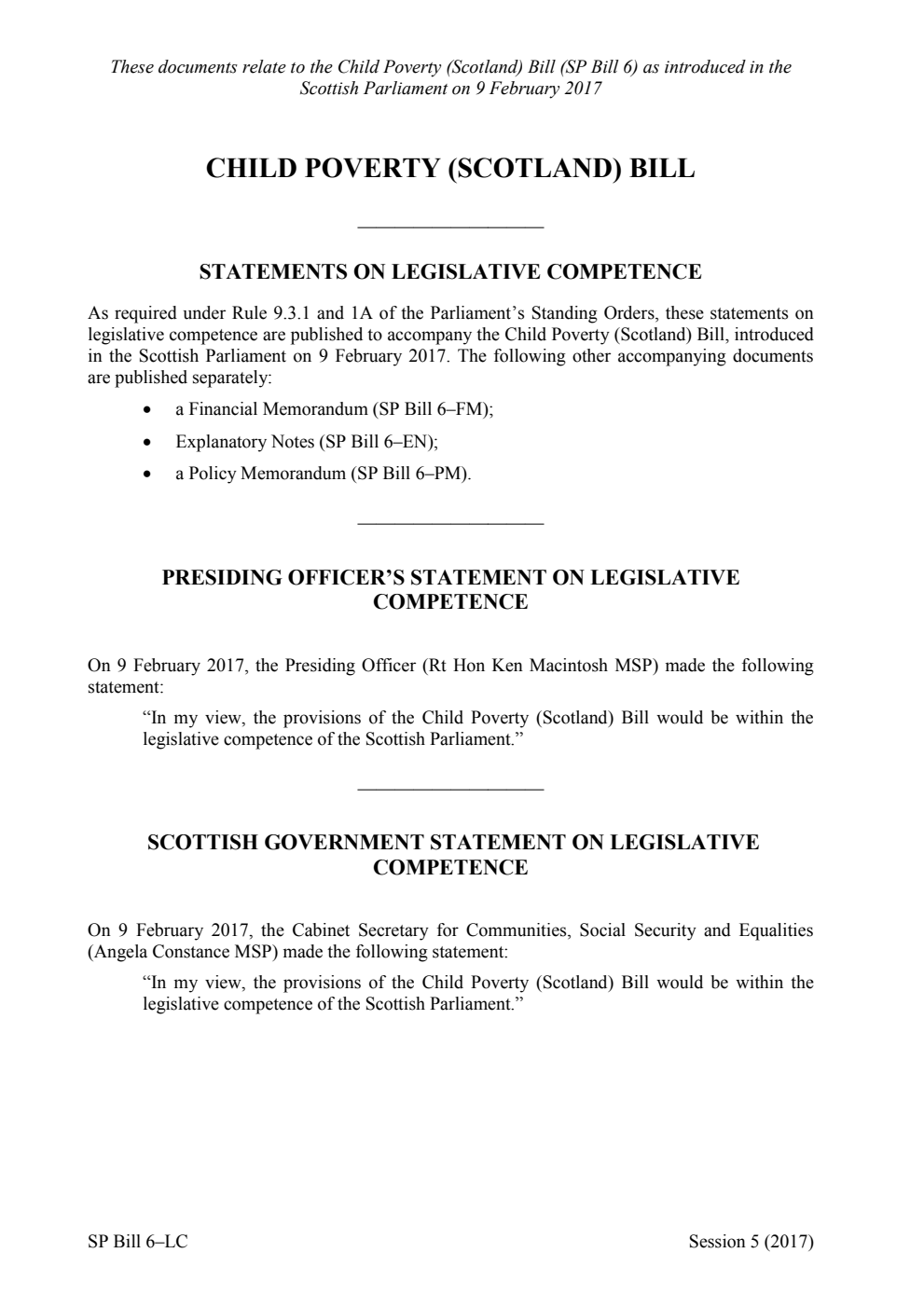 Child Poverty (Scotland) Bill Statements on Legislative Competence