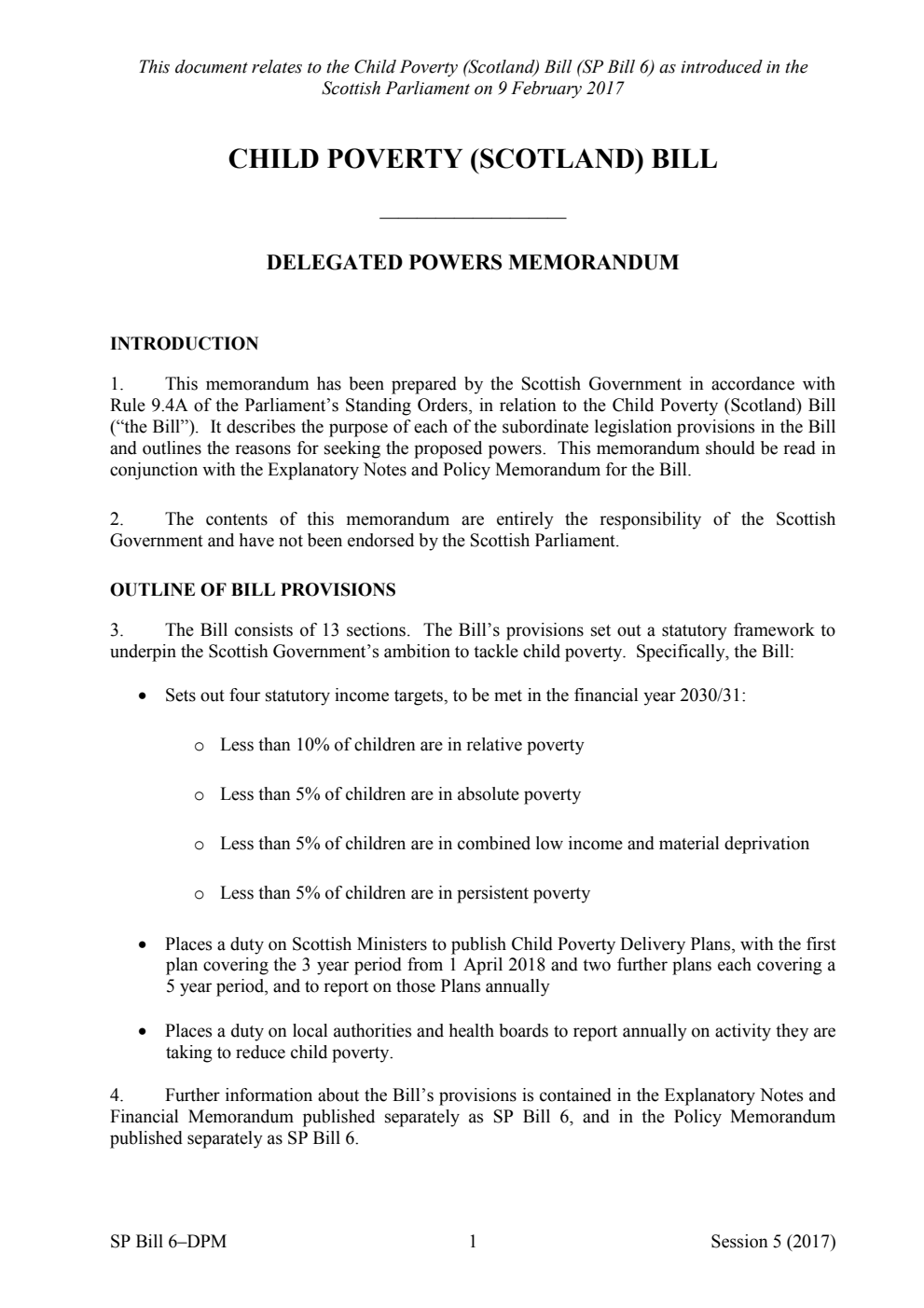 Child Poverty (Scotland) Bill Delegated Powers Memorandum