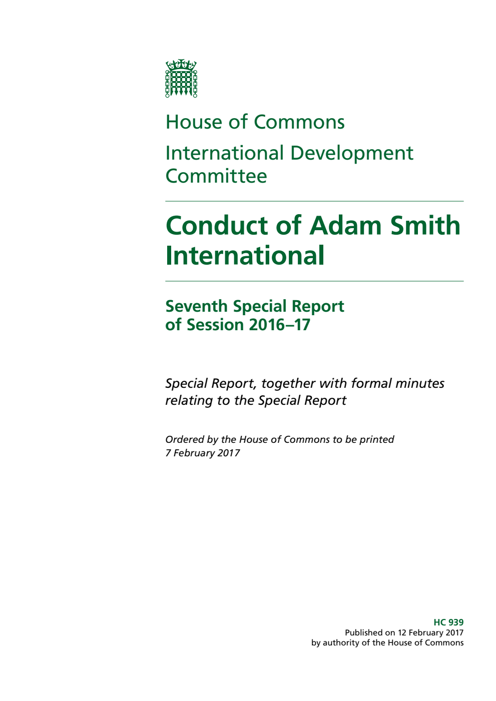 International Development Committee 7th Special Report. Conduct of Adam Smith International
