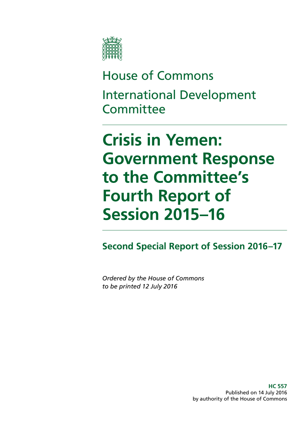 International Development Committee 2nd Special Report. Crisis in Yemen: Government Response to the Committee’s 4th Report of Session 2015–16