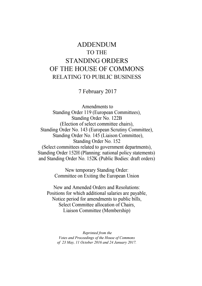 Addendum to the Standing Orders of the House of Commons Relating to Public Business,  7 February 2017