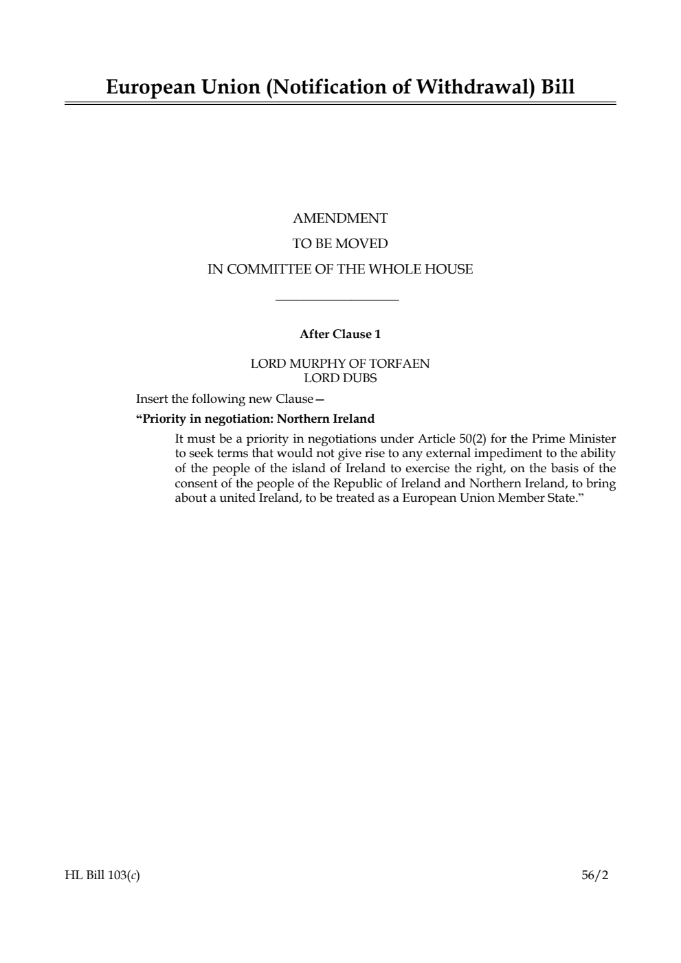 European Union (Notification of Withdrawal) Bill Lords Amendments