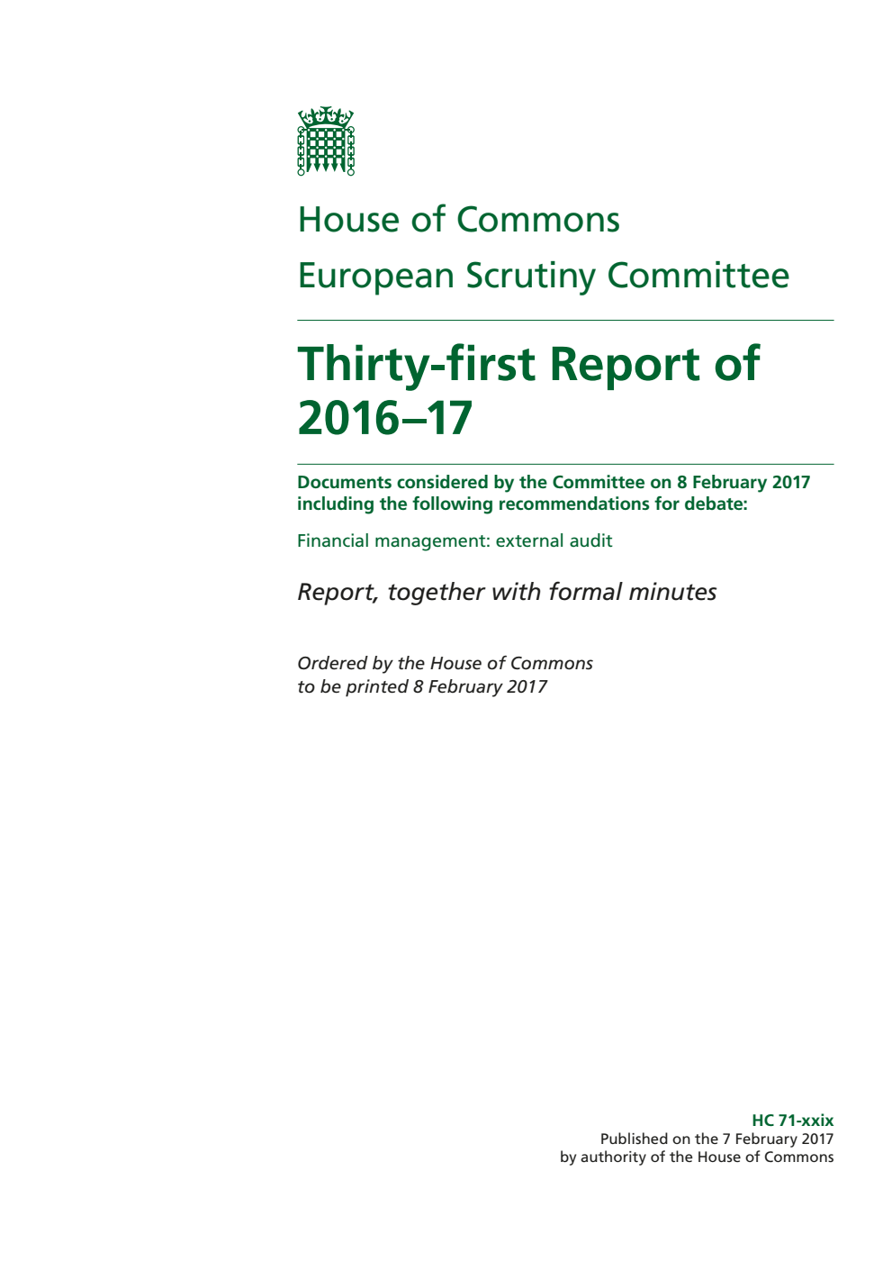 European Scrutiny Committee 31st Report of Session 2016-17