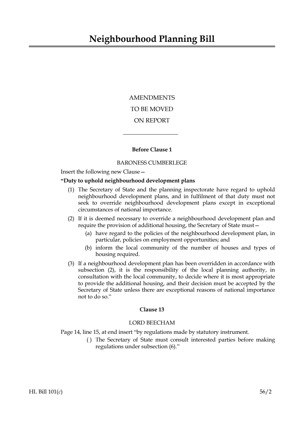 Neighbourhood Planning Bill Lords Amendments