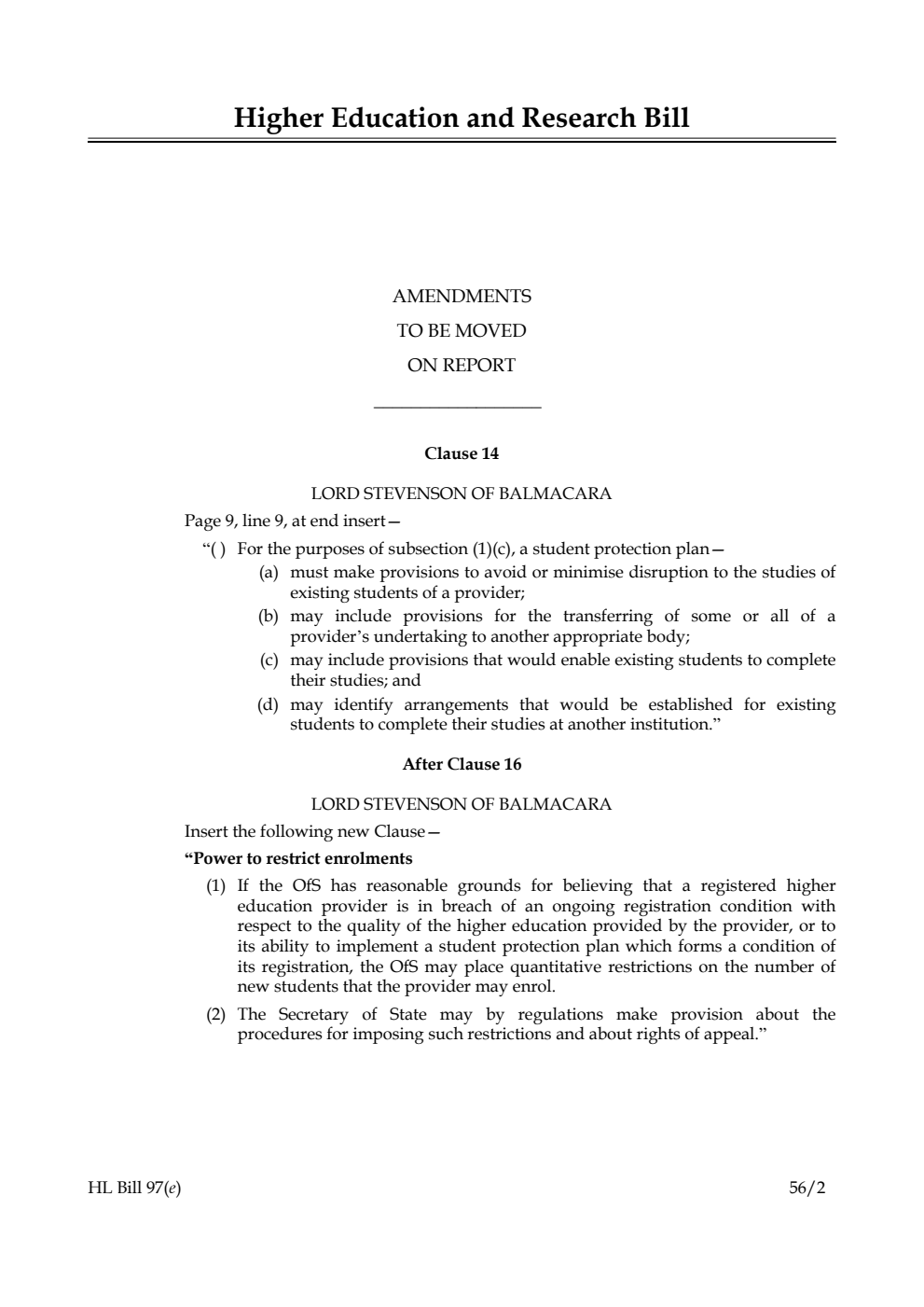 Higher Education and Research Bill Lords Amendments