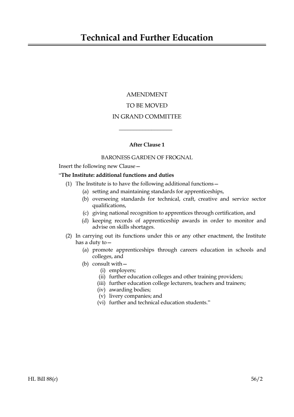 Technical and Further Education Bill Lords Amendments