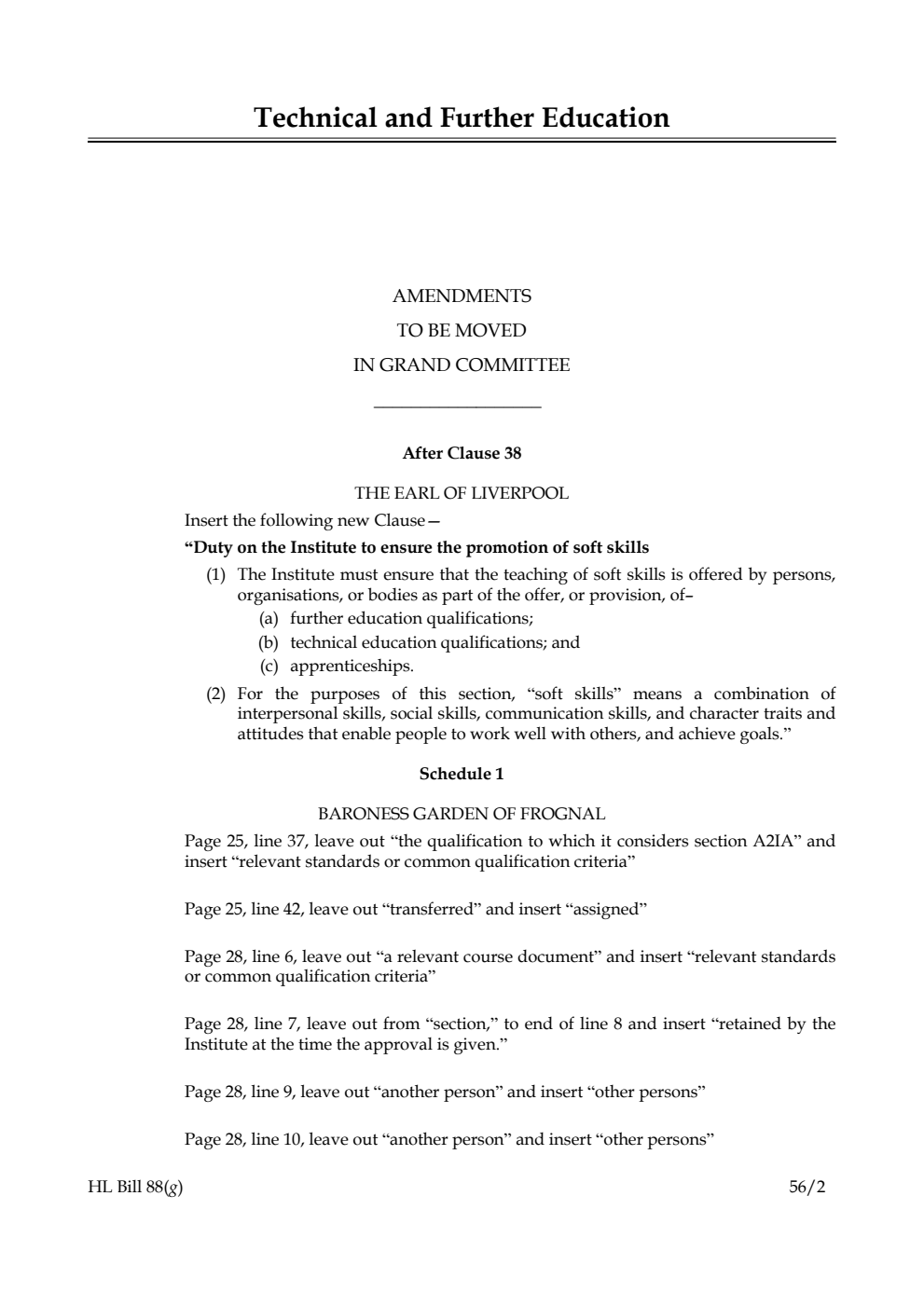 Technical and Further Education Bill Lords Amendments