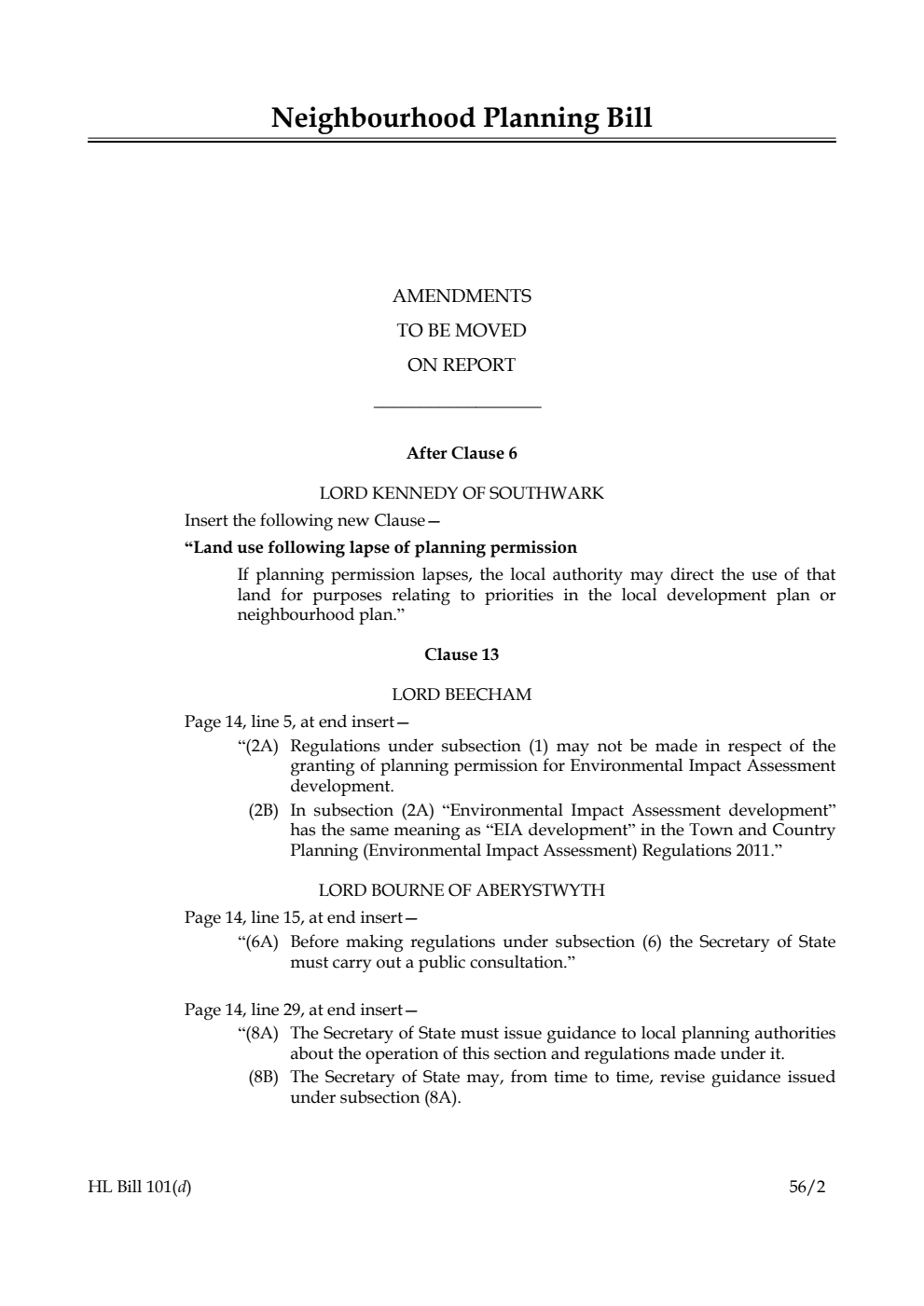 Neighbourhood Planning Bill Lords Amendments