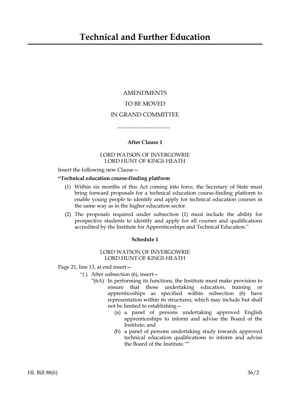 Technical and Further Education Bill Lords Amendments