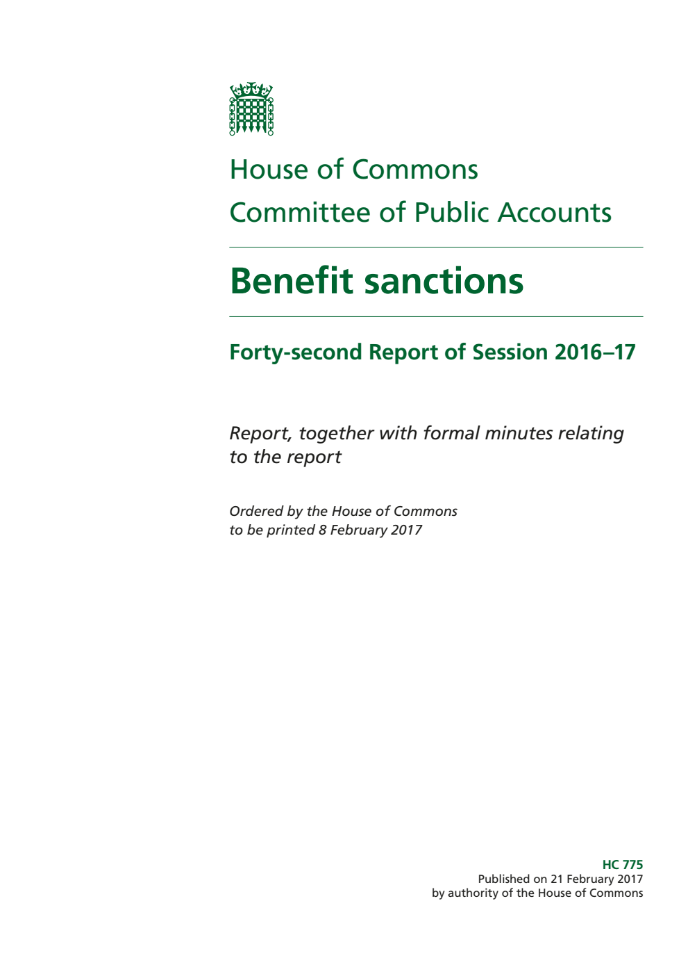 Public Accounts Committee 42nd Report. Benefit sanctions Volume 1. Report