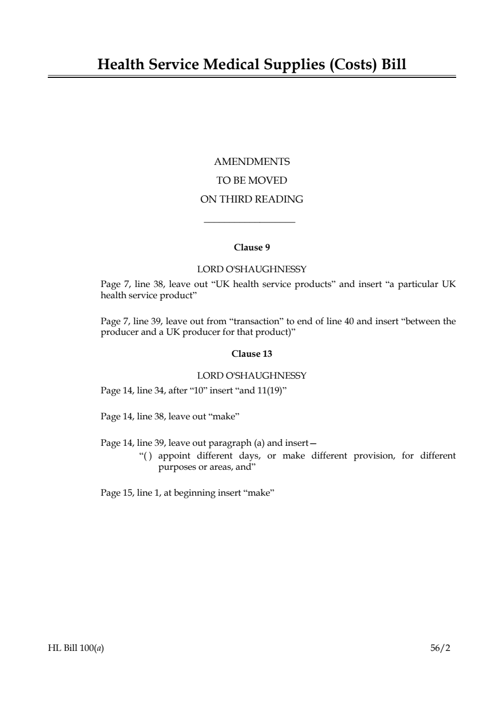 Health Service Medical Supplies (Costs) Bill Lords Amendments